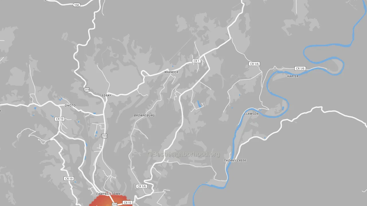 Walk Grade map of Brownsburg, WV, walkable areas in green and car-dependent areas in red