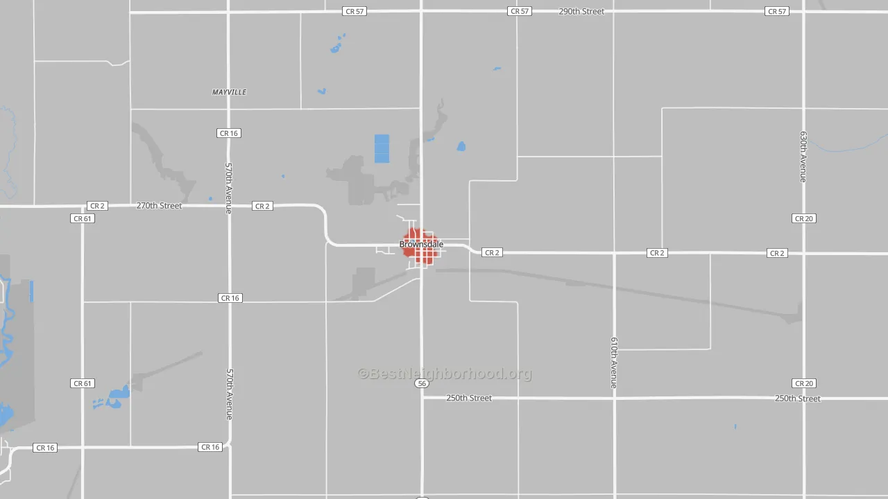 Walk Grade map of Brownsdale, MN, walkable areas in green and car-dependent areas in red