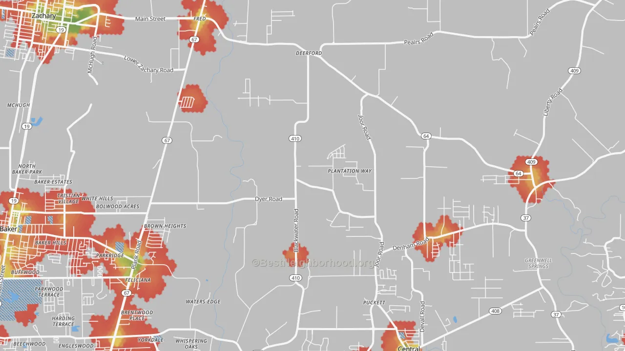 Walk Grade map of Brownsfield-Central, Baton Rouge, LA, walkable areas in green and car-dependent areas in red
