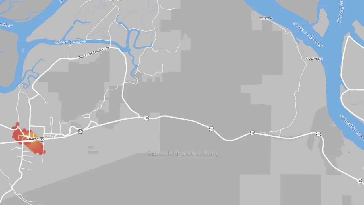 Walk Grade map of Brownsmead, OR, walkable areas in green and car-dependent areas in red