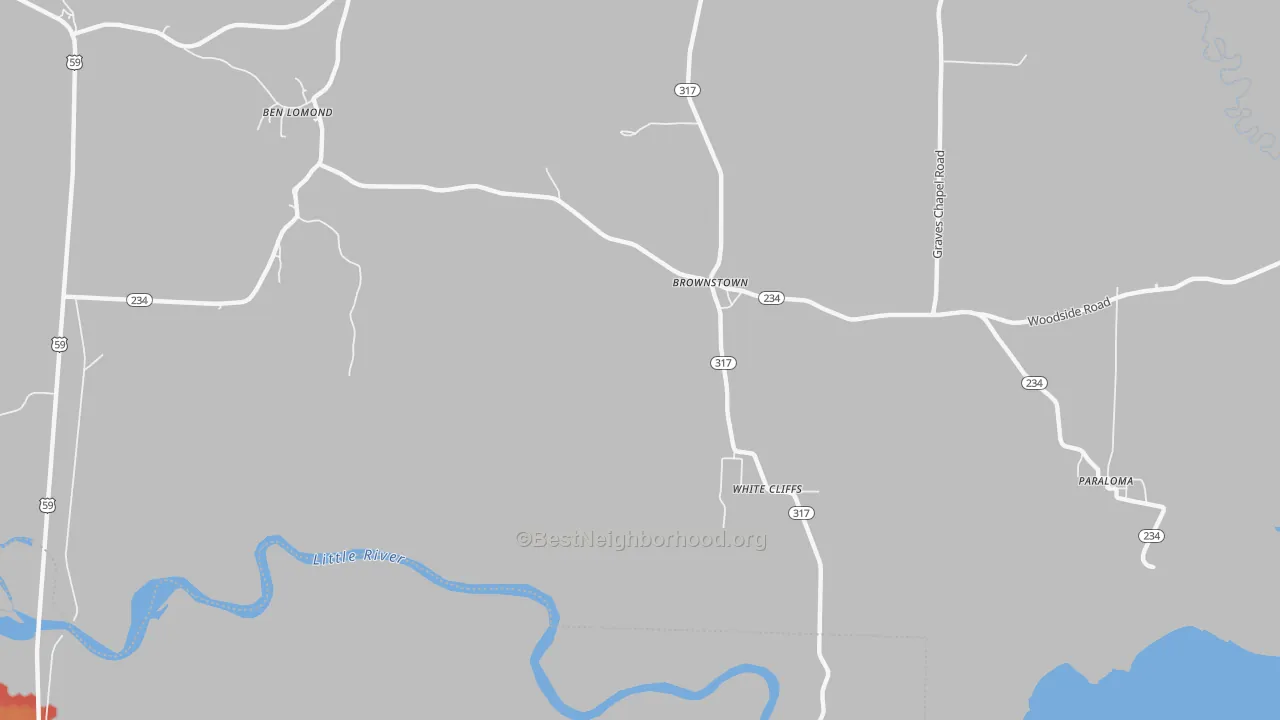 Walk Grade map of Brownstown, AR, walkable areas in green and car-dependent areas in red