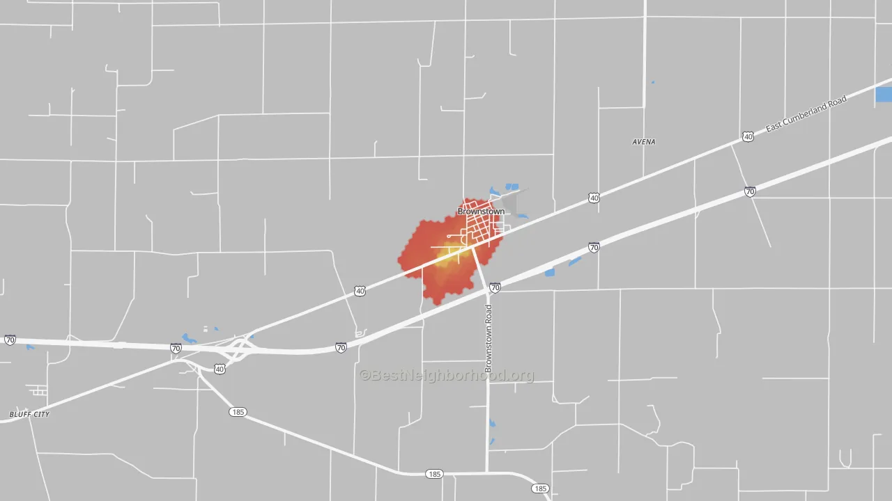 Walk Grade map of Brownstown, IL, walkable areas in green and car-dependent areas in red