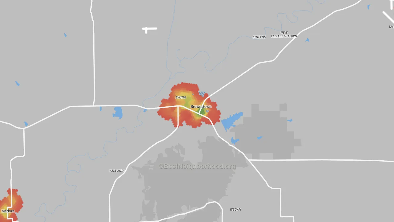 Walk Grade map of Brownstown, IN, walkable areas in green and car-dependent areas in red