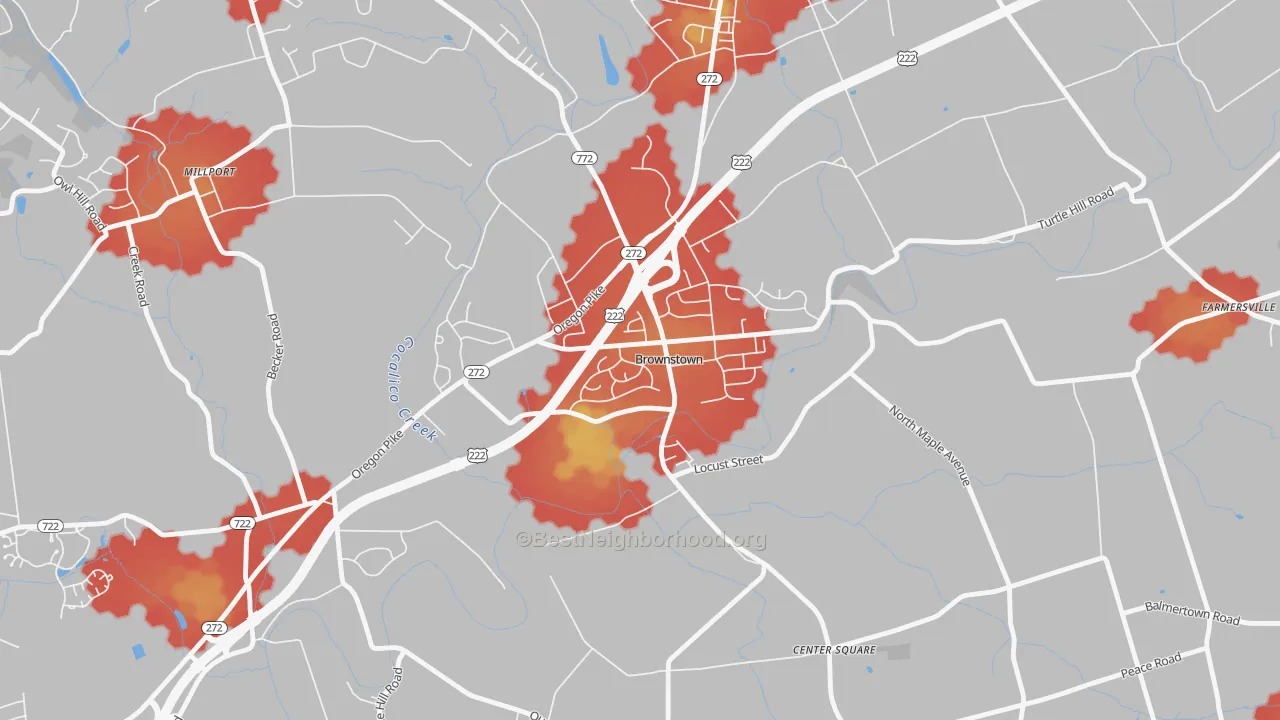 Walk Grade map of Brownstown, PA, walkable areas in green and car-dependent areas in red