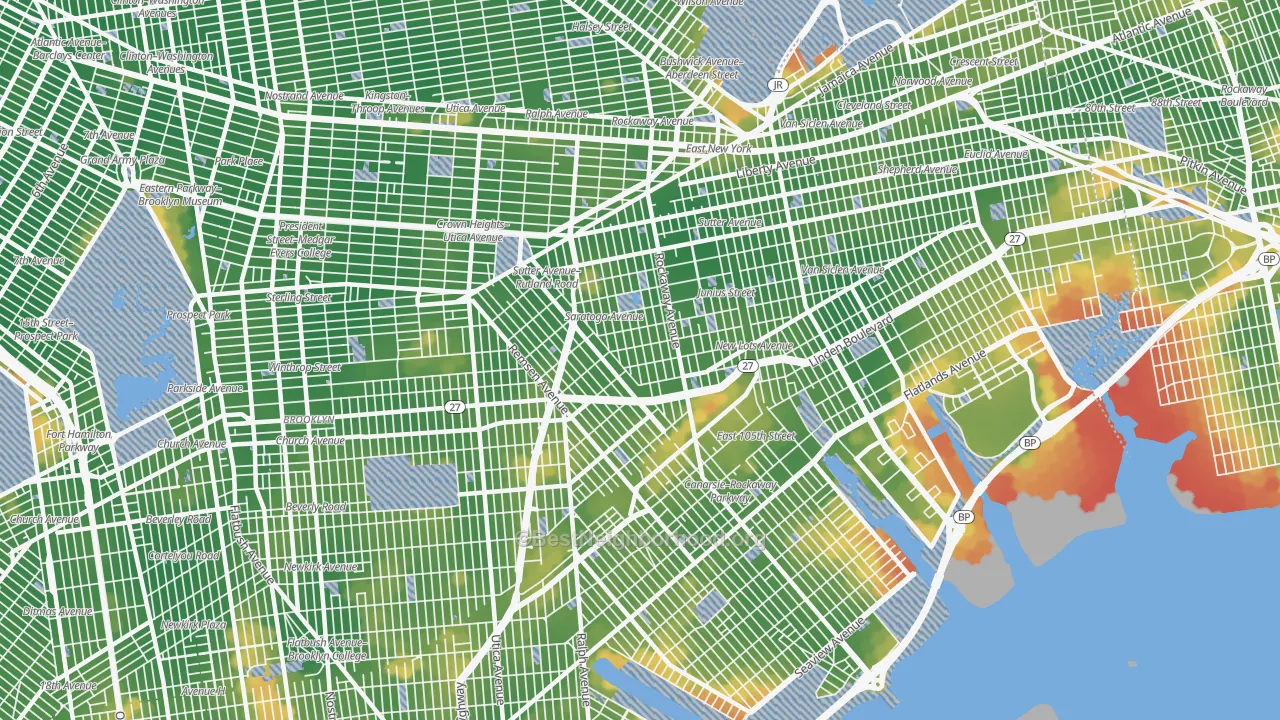 Walk Grade map of Brownsville, Brooklyn, NY, walkable areas in green and car-dependent areas in red