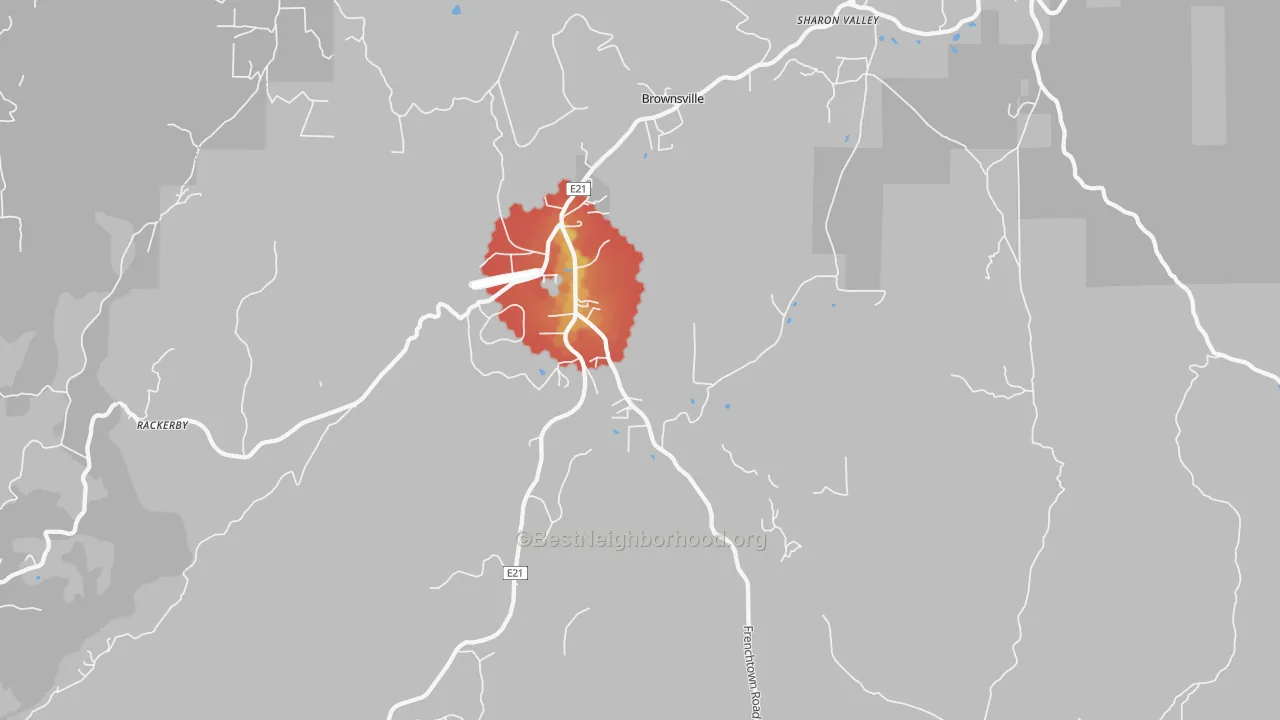 Walk Grade map of Brownsville, CA, walkable areas in green and car-dependent areas in red