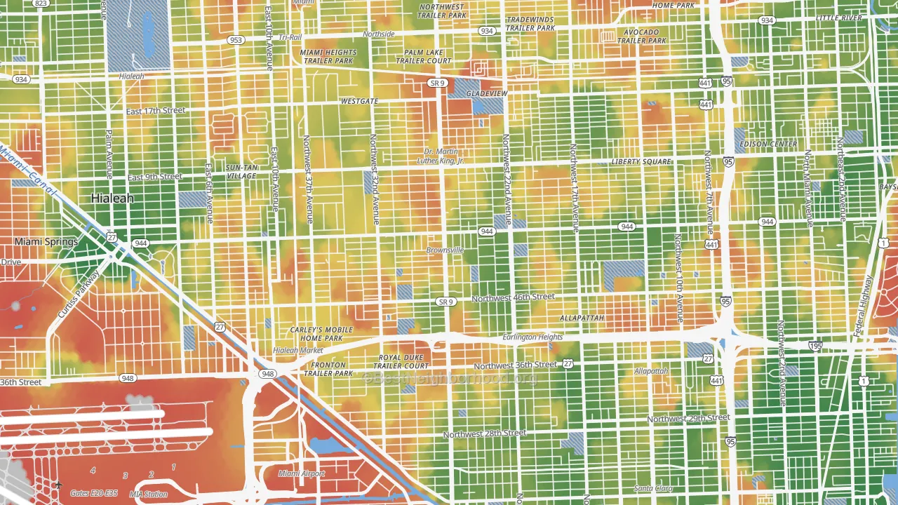 Walk Grade map of Brownsville, FL, walkable areas in green and car-dependent areas in red