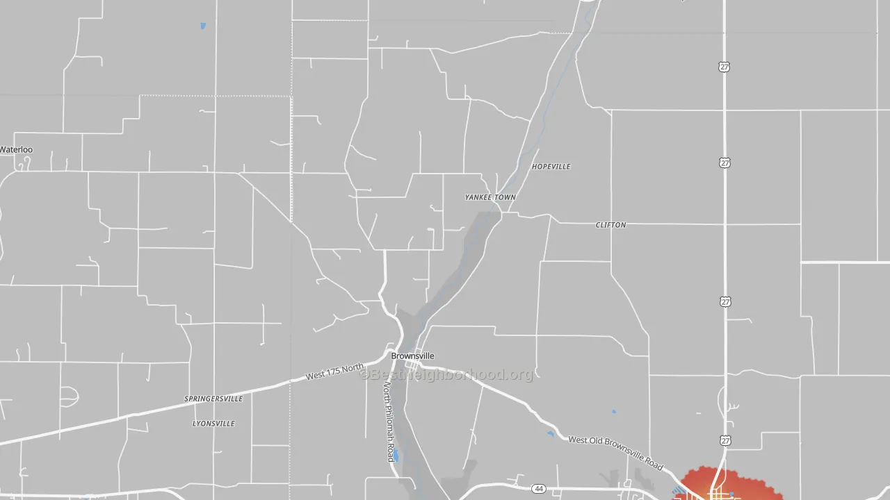Walk Grade map of Brownsville, IN, walkable areas in green and car-dependent areas in red