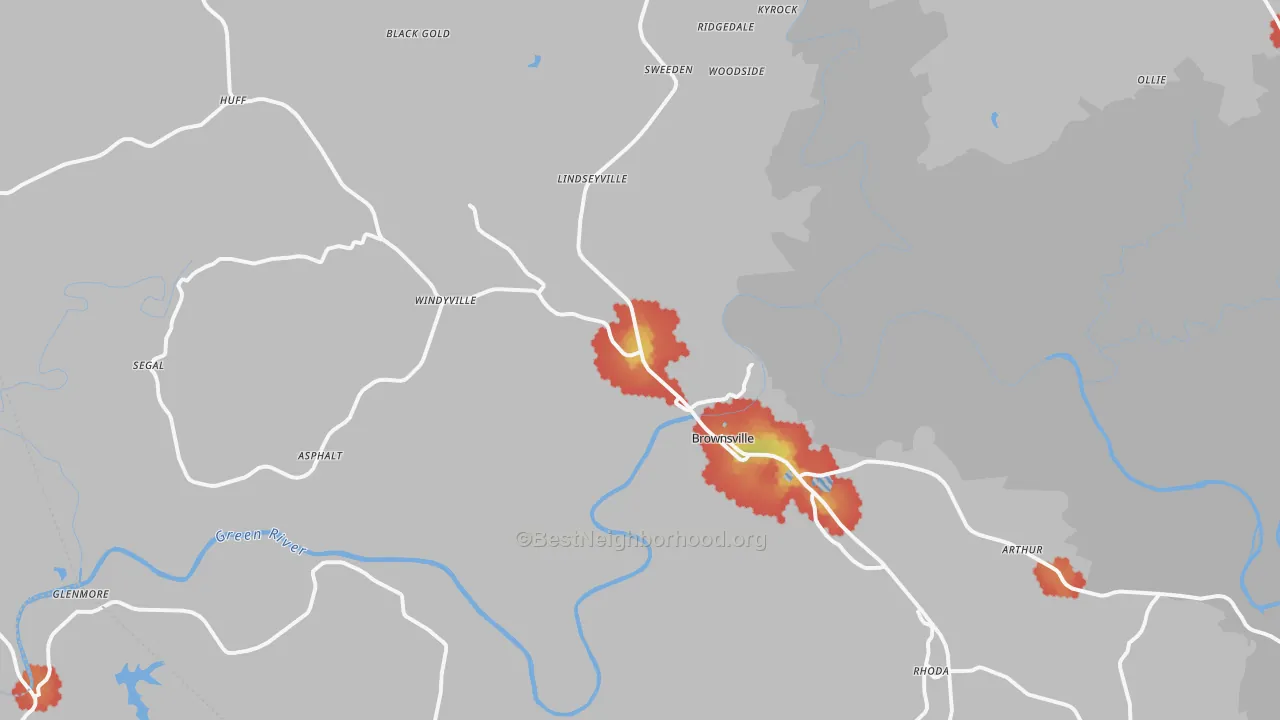 Walk Grade map of Brownsville, KY, walkable areas in green and car-dependent areas in red