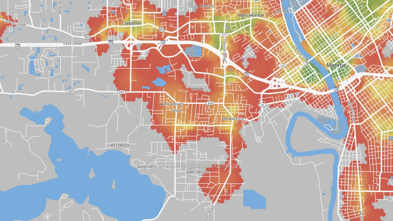 Walk Grade map of Brownsville, LA, walkable areas in green and car-dependent areas in red