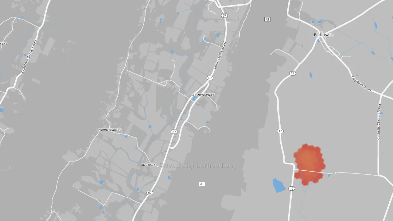Walk Grade map of Brownsville, MD, walkable areas in green and car-dependent areas in red