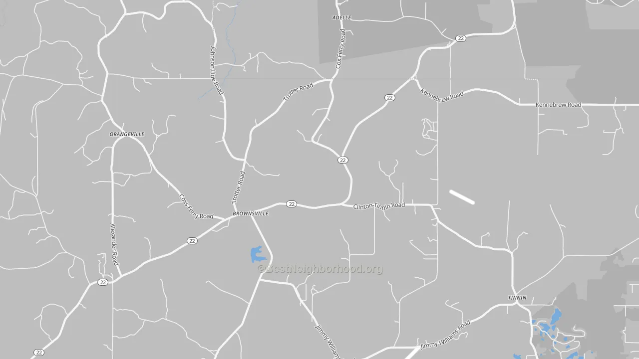 Walk Grade map of Brownsville, MS, walkable areas in green and car-dependent areas in red