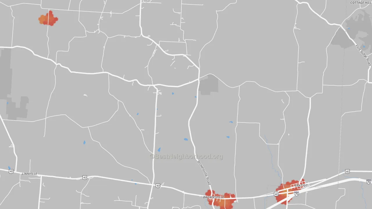 Walk Grade map of Brownsville, OH, walkable areas in green and car-dependent areas in red