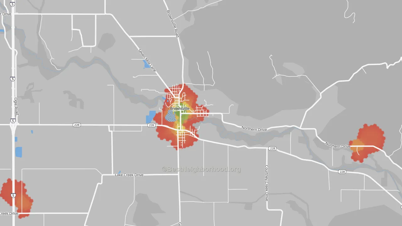 Walk Grade map of Brownsville, OR, walkable areas in green and car-dependent areas in red
