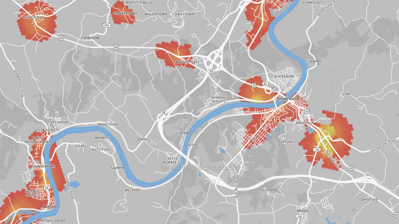 Walk Grade map of Brownsville, PA, walkable areas in green and car-dependent areas in red