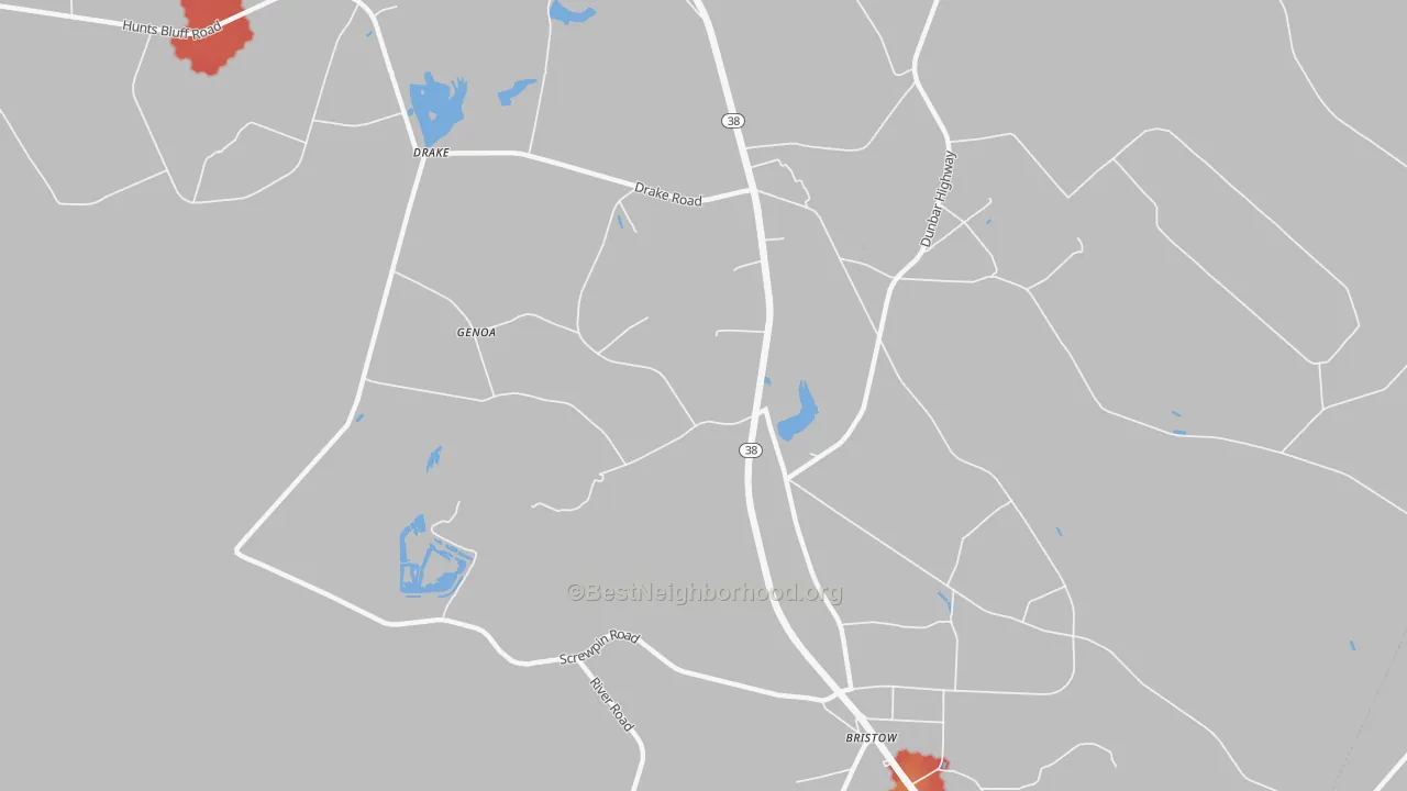 Walk Grade map of Brownsville, SC, walkable areas in green and car-dependent areas in red