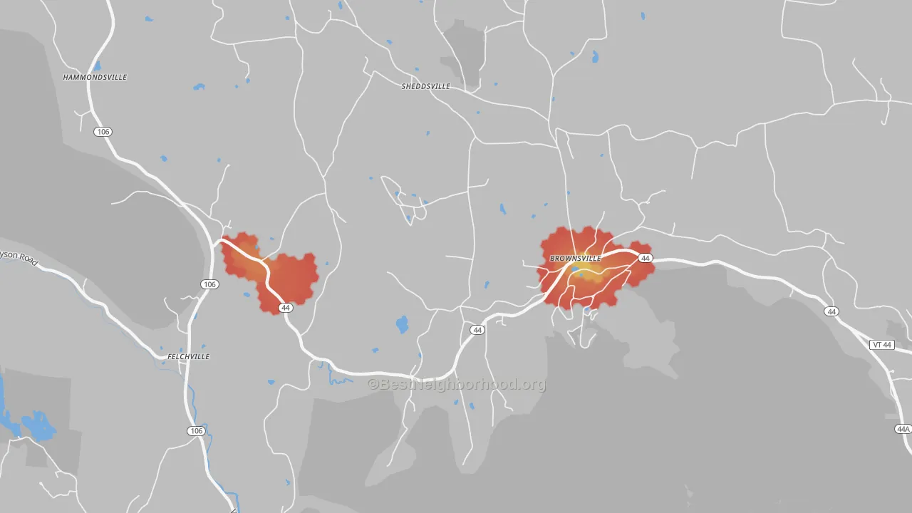 Walk Grade map of Brownsville, VT, walkable areas in green and car-dependent areas in red