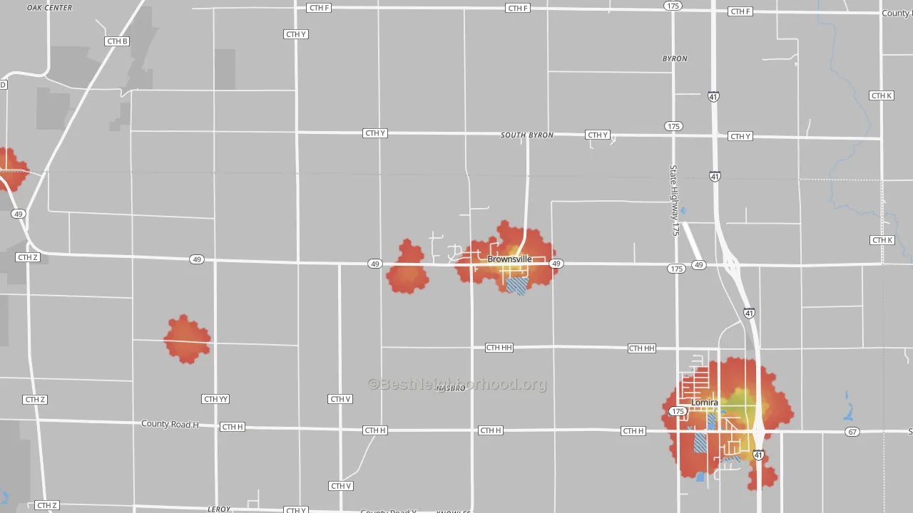 Walk Grade map of Brownsville, WI, walkable areas in green and car-dependent areas in red