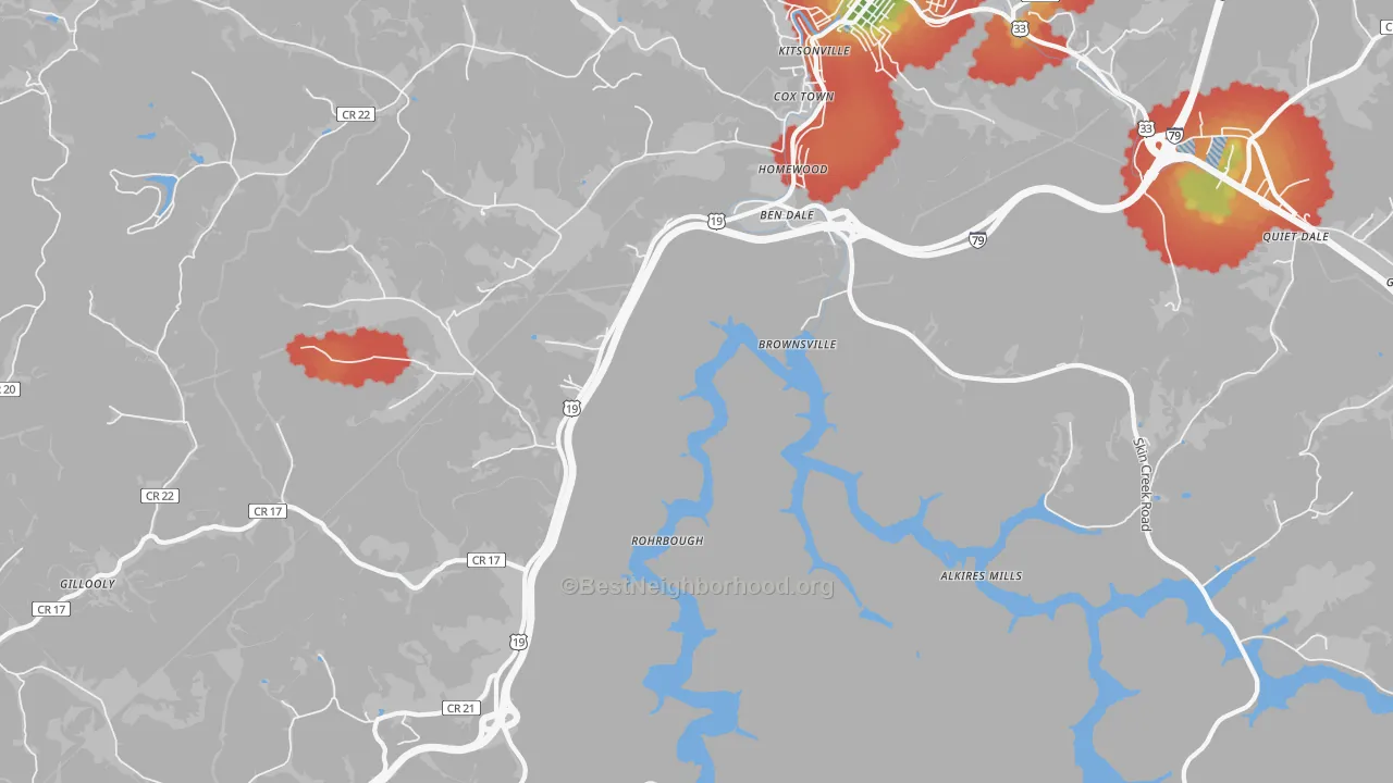 Walk Grade map of Brownsville, WV, walkable areas in green and car-dependent areas in red