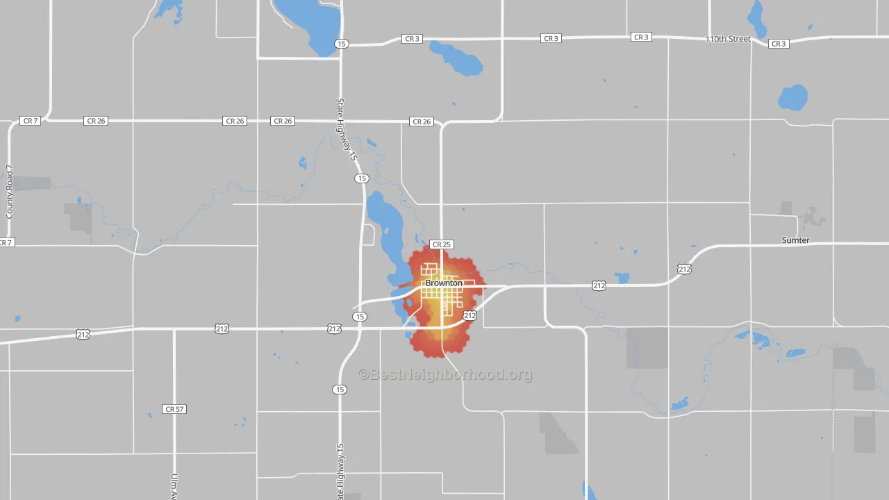 Walk Grade map of Brownton, MN, walkable areas in green and car-dependent areas in red