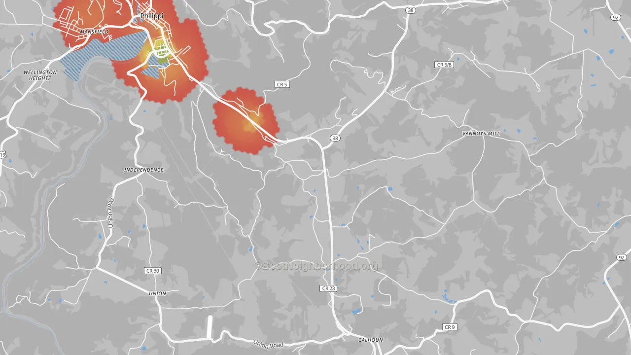 Walk Grade map of Brownton, WV, walkable areas in green and car-dependent areas in red