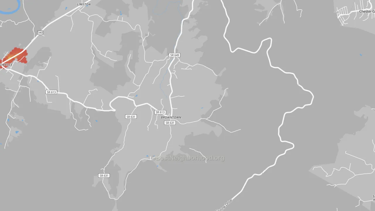 Walk Grade map of Browntown, VA, walkable areas in green and car-dependent areas in red