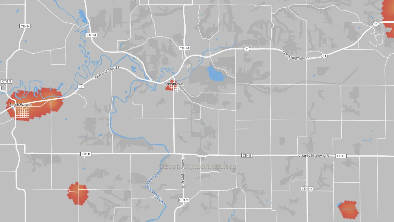 Walk Grade map of Browntown, WI, walkable areas in green and car-dependent areas in red