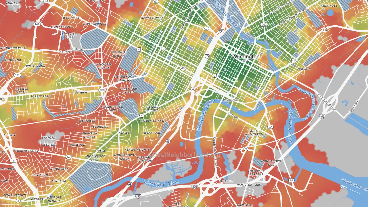 Walk Grade map of Browntown, Wilmington, DE, walkable areas in green and car-dependent areas in red