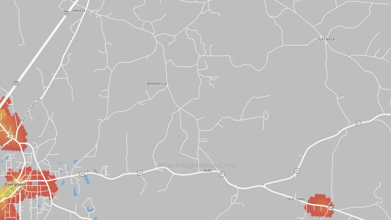 Walk Grade map of Brownville, AL, walkable areas in green and car-dependent areas in red