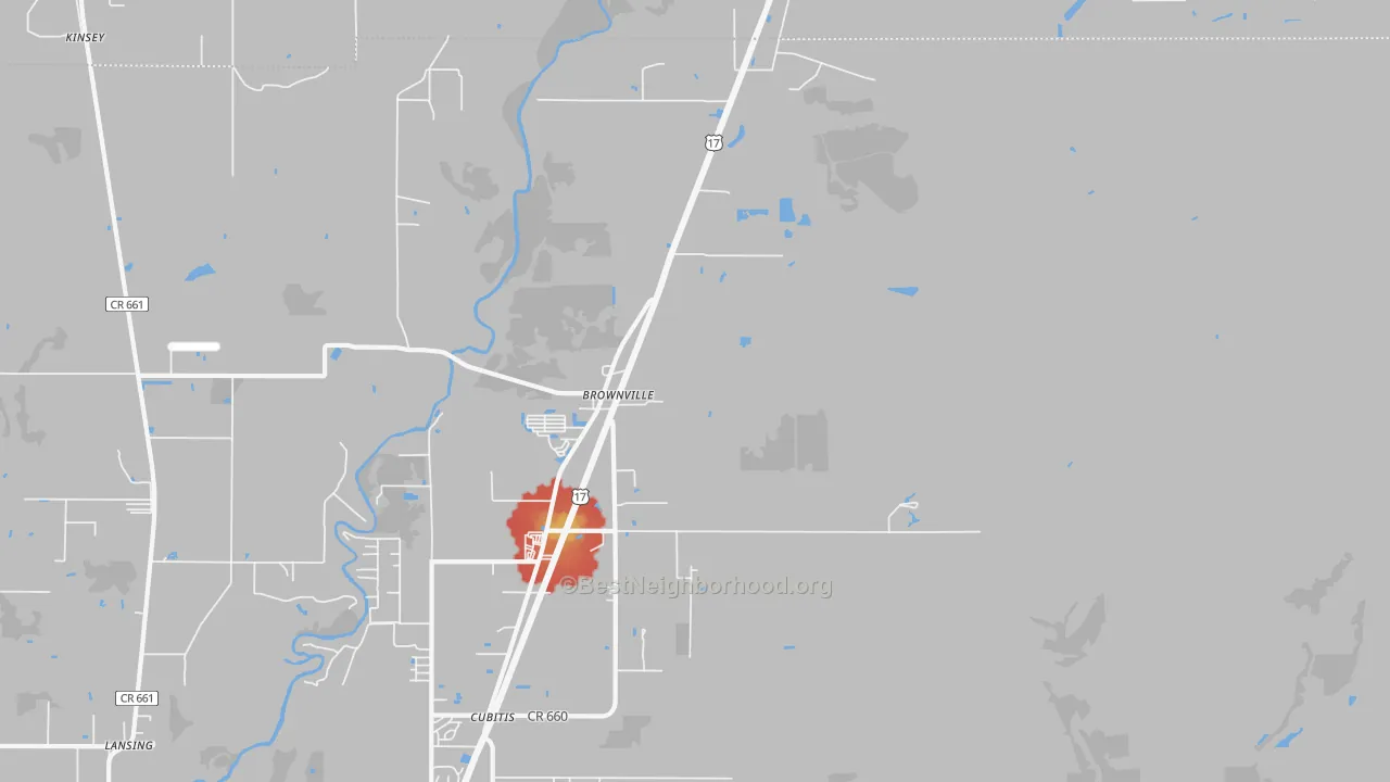 Walk Grade map of Brownville, FL, walkable areas in green and car-dependent areas in red