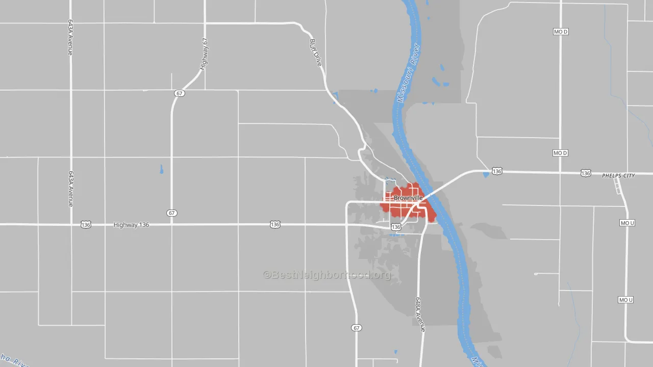 Walk Grade map of Brownville, NE, walkable areas in green and car-dependent areas in red