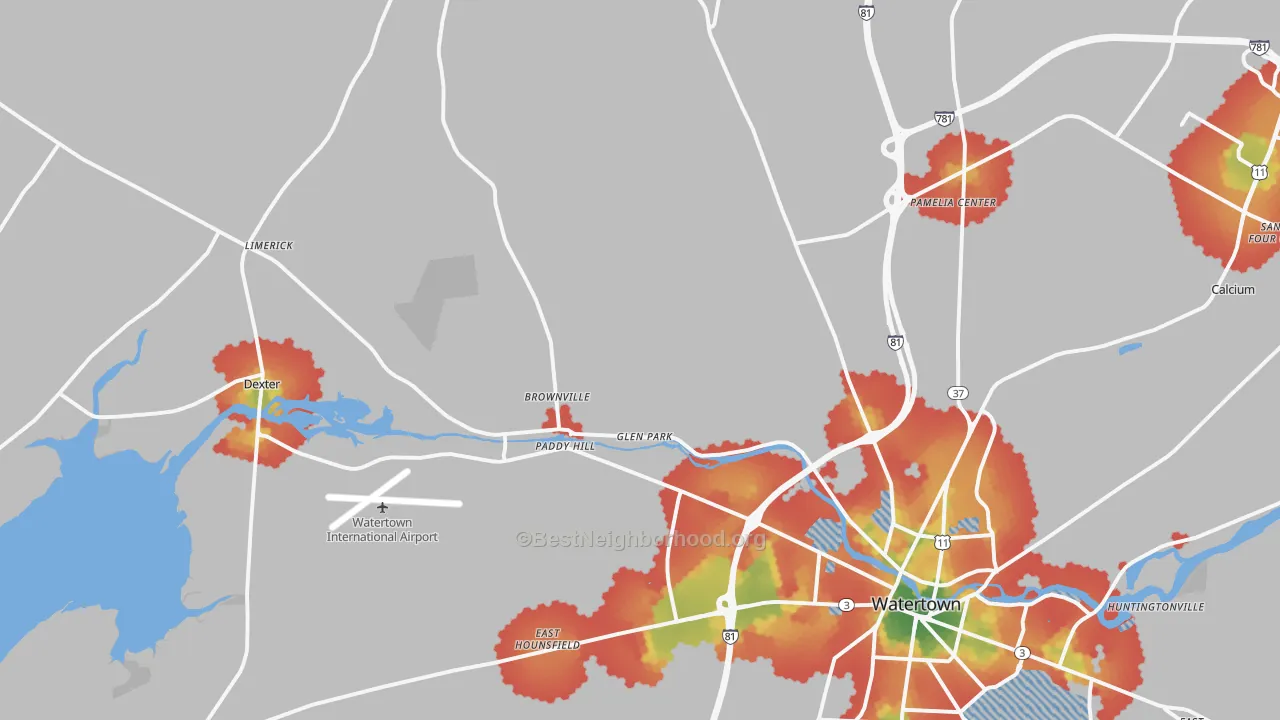 Walk Grade map of Brownville, NY, walkable areas in green and car-dependent areas in red