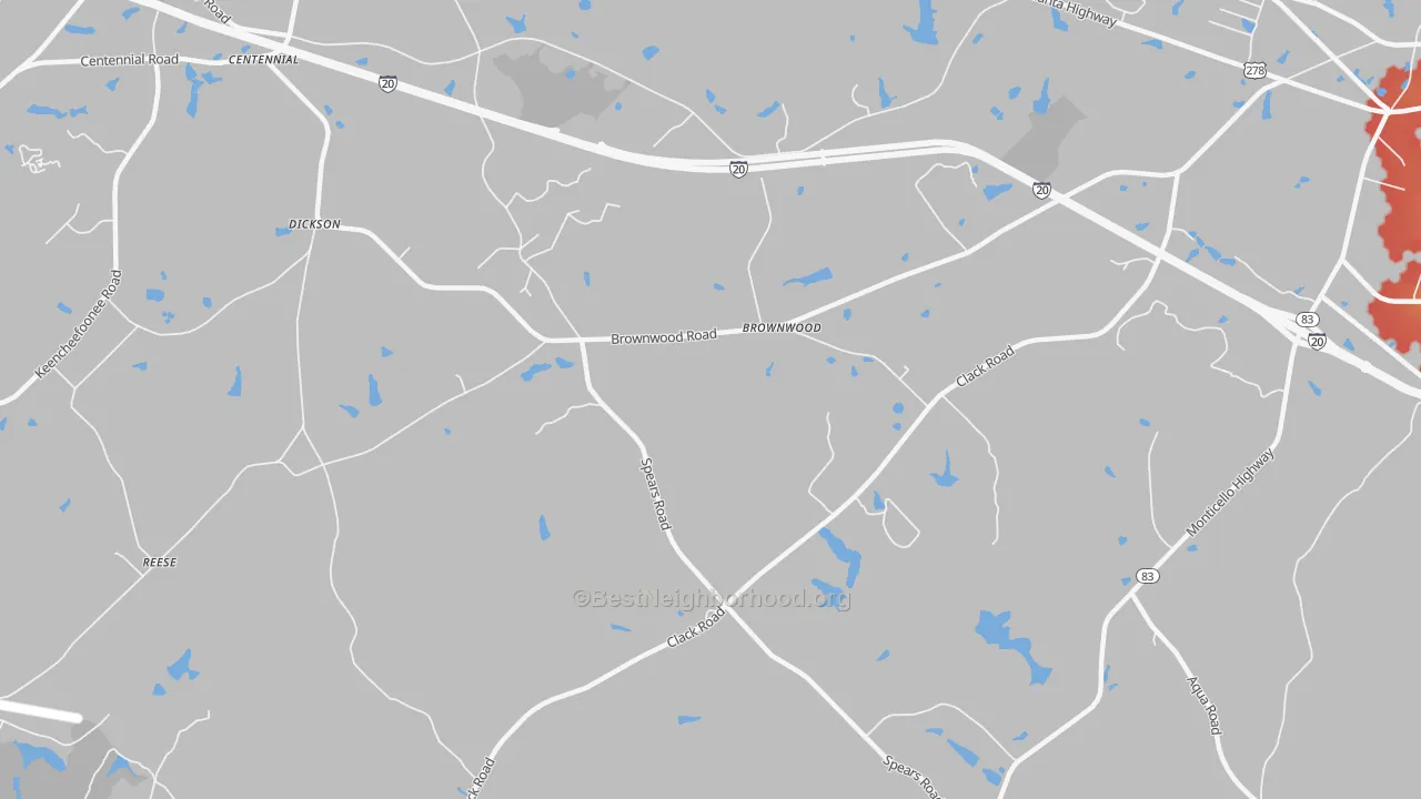 Walk Grade map of Brownwood, GA, walkable areas in green and car-dependent areas in red