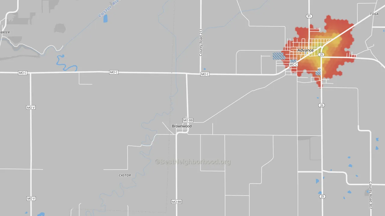 Walk Grade map of Brownwood, MO, walkable areas in green and car-dependent areas in red