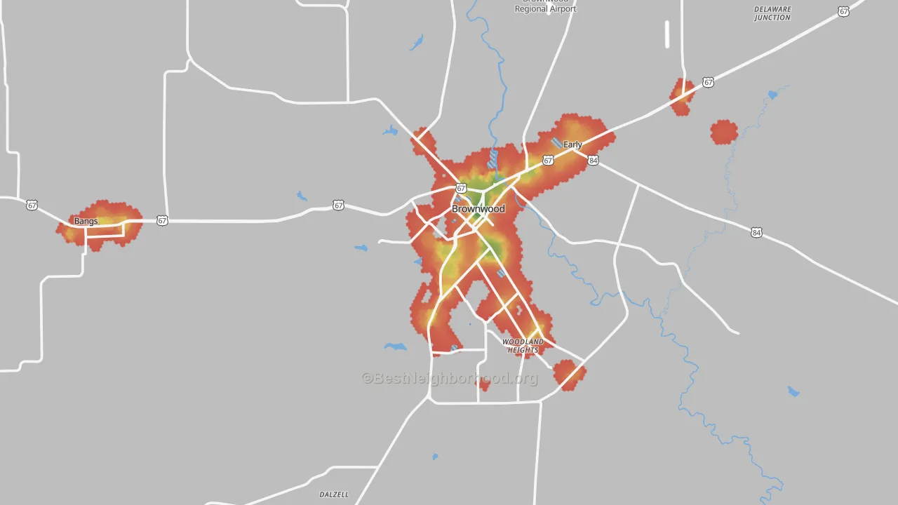 Walk Grade map of Brownwood, TX, walkable areas in green and car-dependent areas in red