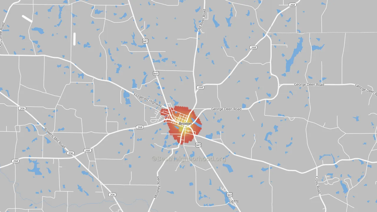 Walk Grade map of Broxton, GA, walkable areas in green and car-dependent areas in red