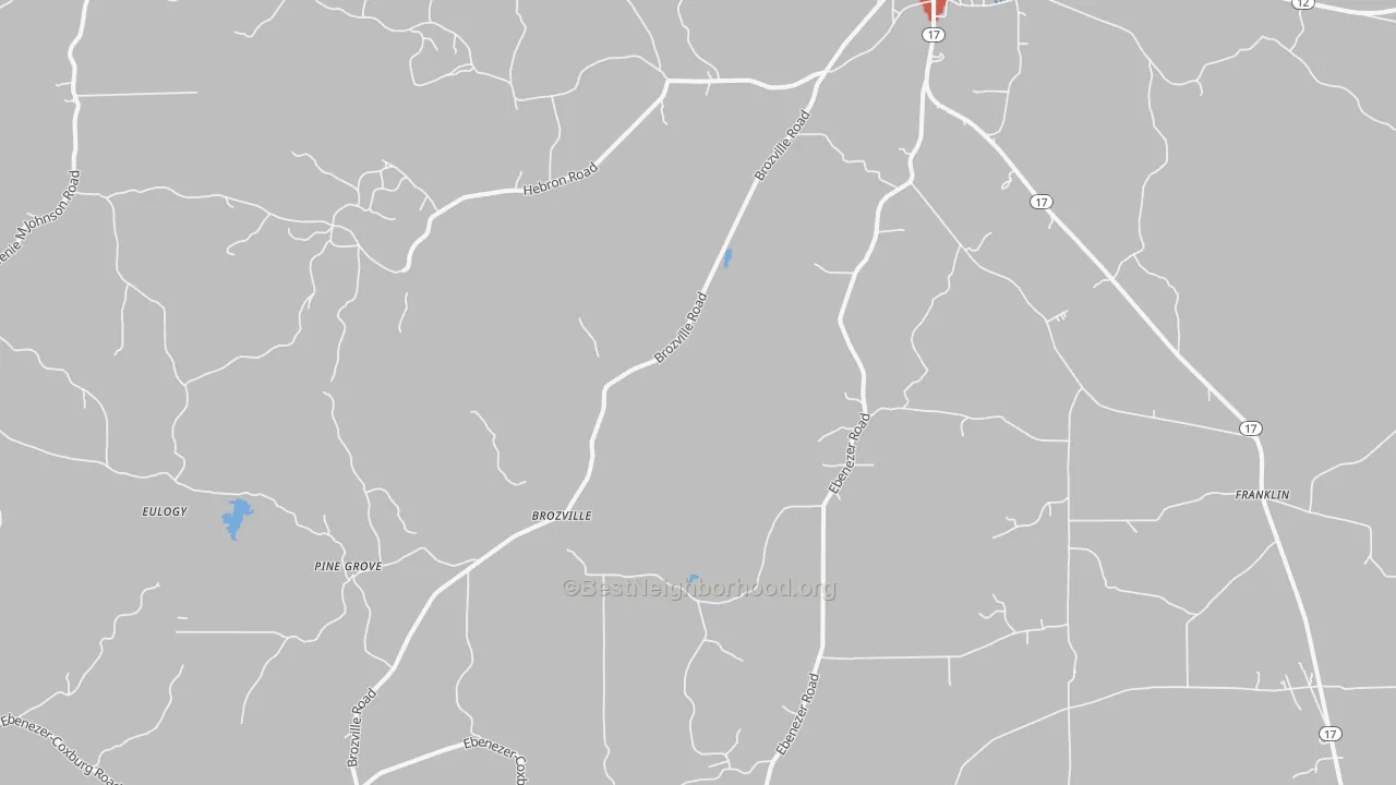 Walk Grade map of Brozville, MS, walkable areas in green and car-dependent areas in red