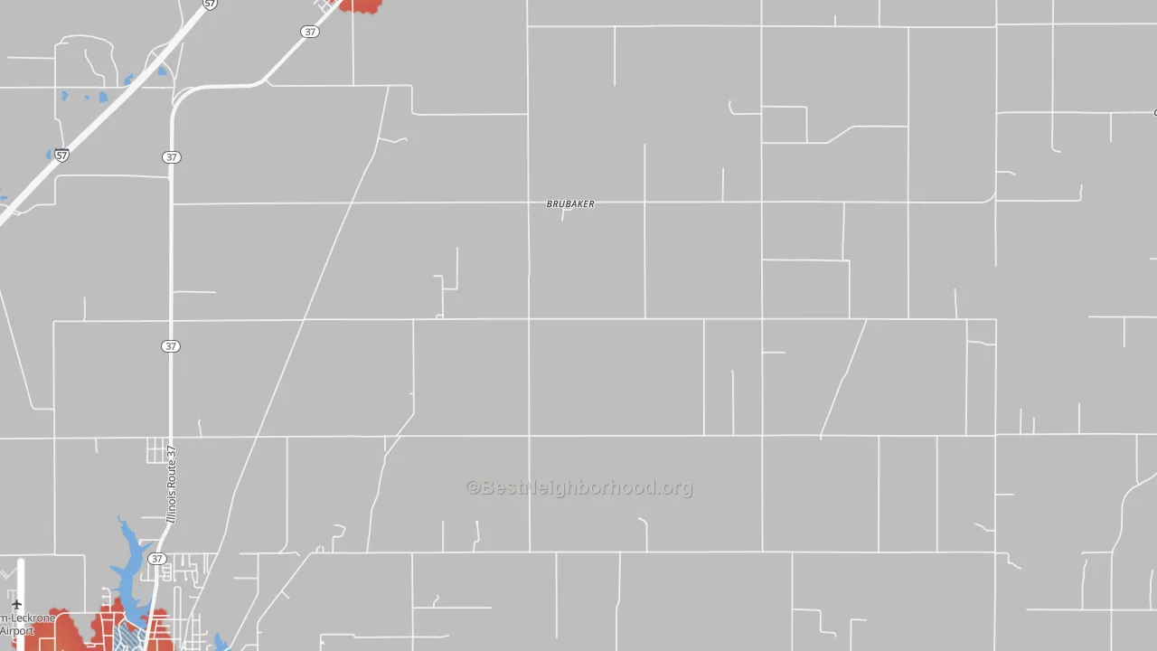 Walk Grade map of Brubaker, IL, walkable areas in green and car-dependent areas in red