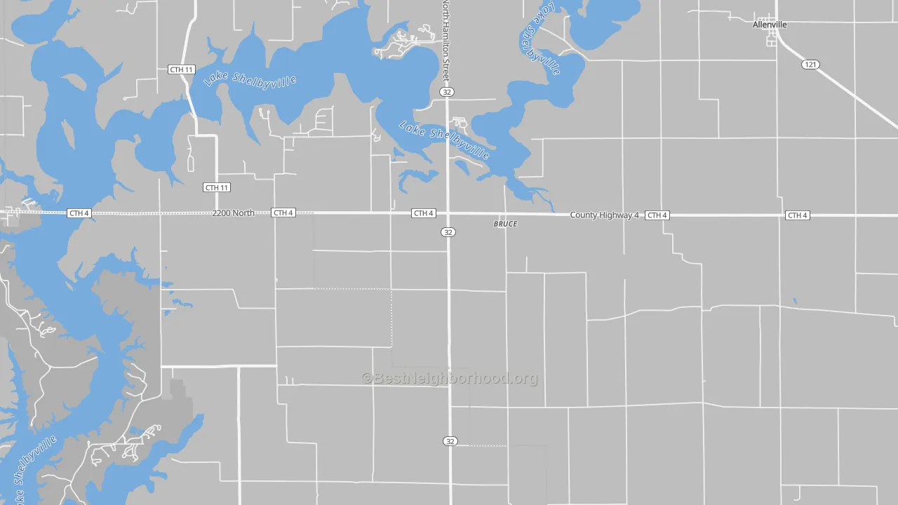Walk Grade map of Bruce, IL, walkable areas in green and car-dependent areas in red