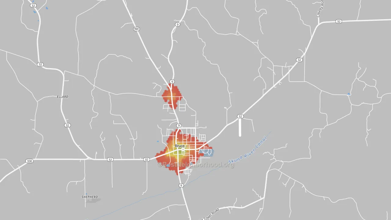 Walk Grade map of Bruce, MS, walkable areas in green and car-dependent areas in red