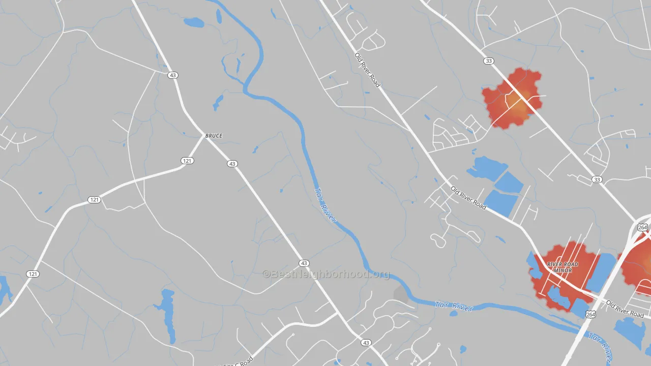 Walk Grade map of Bruce, NC, walkable areas in green and car-dependent areas in red