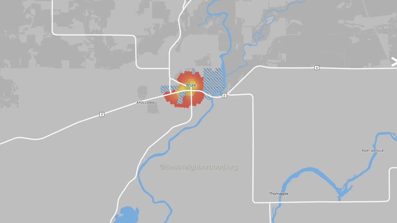 Walk Grade map of Bruce, WI, walkable areas in green and car-dependent areas in red