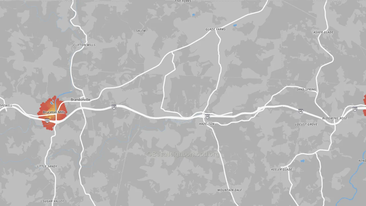 Walk Grade map of Bruceton Mills, WV, walkable areas in green and car-dependent areas in red