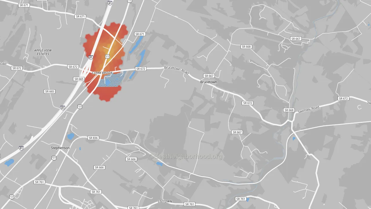 Walk Grade map of Brucetown, VA, walkable areas in green and car-dependent areas in red