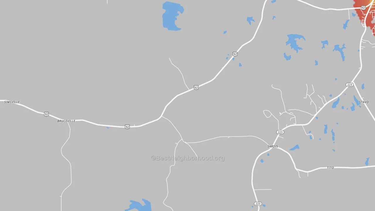 Walk Grade map of Bruceville, AL, walkable areas in green and car-dependent areas in red