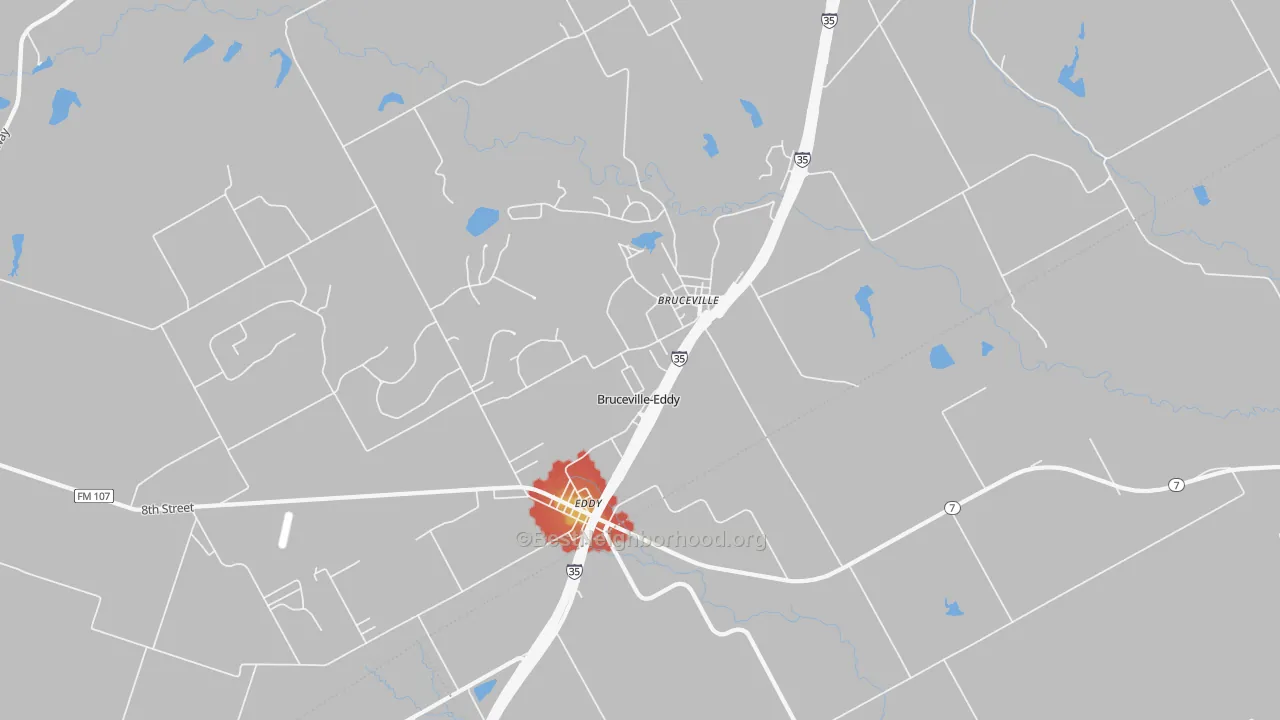 Walk Grade map of Bruceville-Eddy, TX, walkable areas in green and car-dependent areas in red