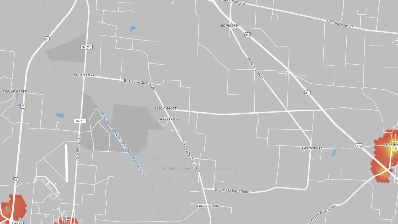 Walk Grade map of Bruceville, TN, walkable areas in green and car-dependent areas in red