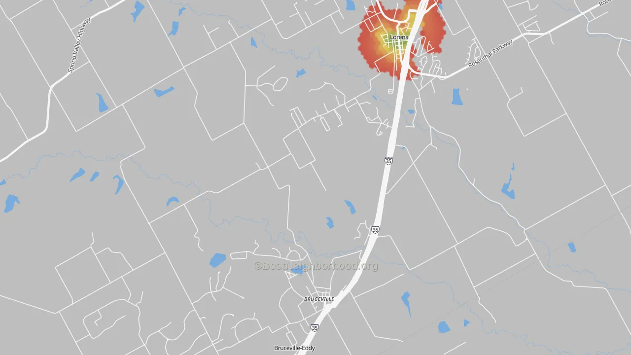 Walk Grade map of Bruceville, TX, walkable areas in green and car-dependent areas in red