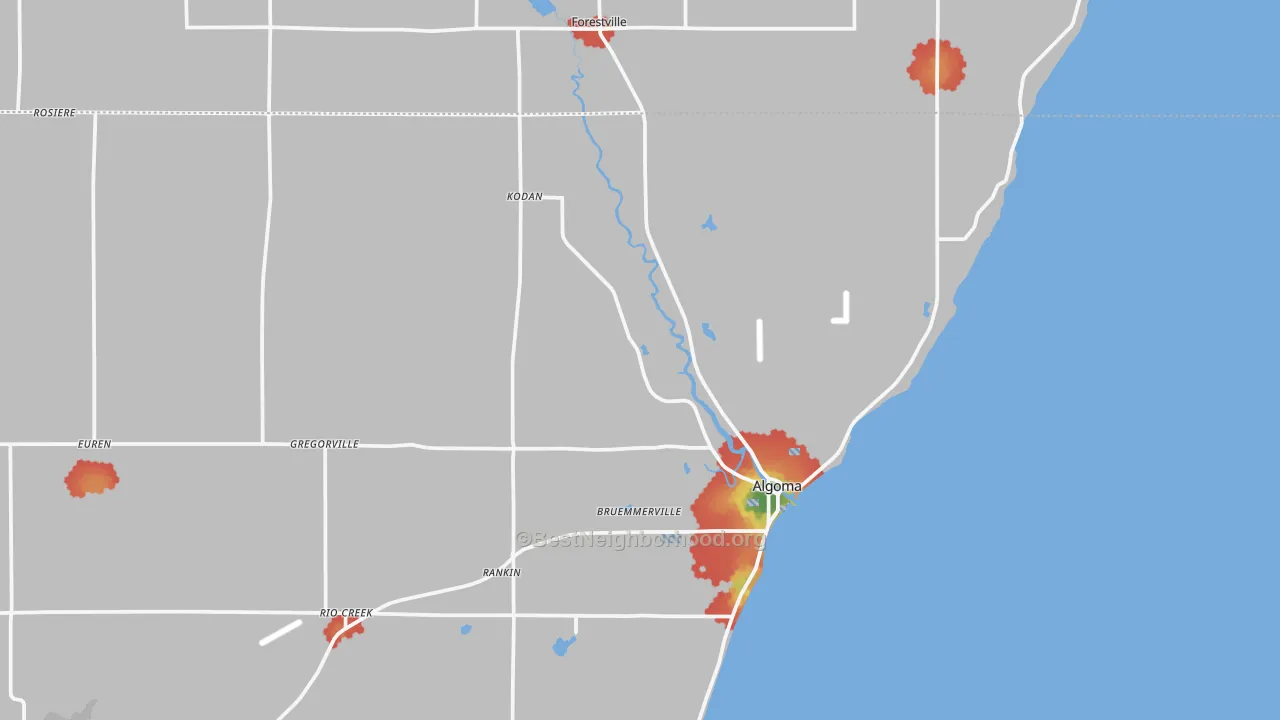 Walk Grade map of Bruemmerville, WI, walkable areas in green and car-dependent areas in red