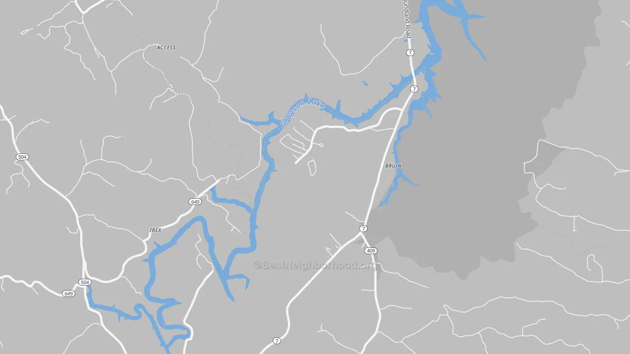 Walk Grade map of Bruin, KY, walkable areas in green and car-dependent areas in red